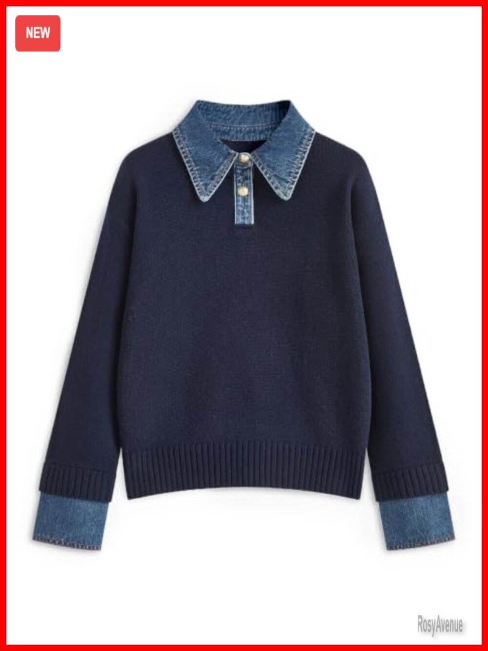 Oversized Viscose Knit Polo Sweater Denim Collar Pullover Fall